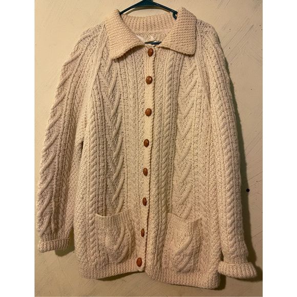 Vintage Wool Fisherman hand knit Cardigan sweater w/ wooden buttons sz XL by Woo - Picture 1 of 16